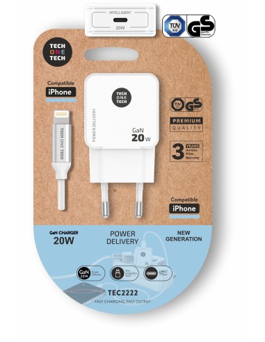 Cargador Ultrarrápido GaN 20w blanco + cable Apple