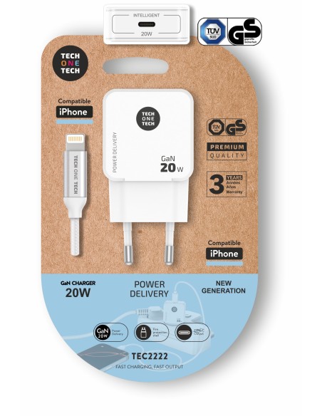 Cargador Ultrarrápido GaN 20w blanco + cable Apple