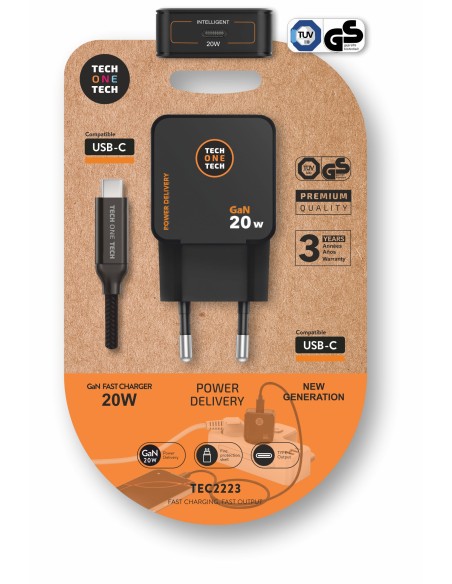 Cargador Ultrarrápido GaN 20w negro + cable USB-C