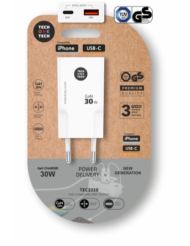 Cargador GaN 30w (salidas USB-A+USB-C) blanco