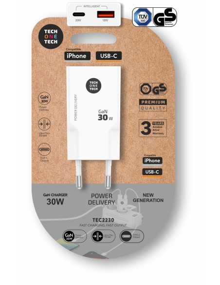 Cargador GaN 30w (salidas USB-A+USB-C) blanco