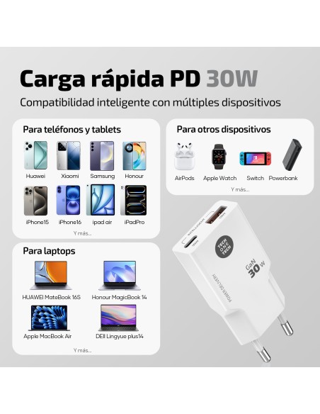 Cargador GaN 30w (salidas USB-A+USB-C) blanco