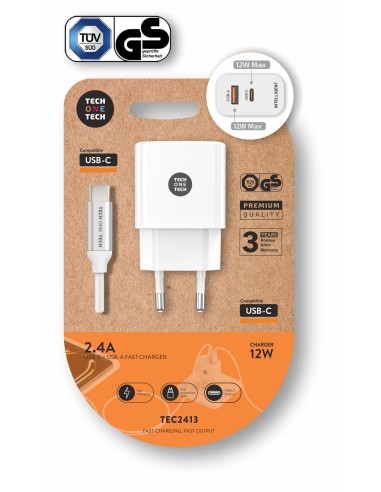 Cargador 12W + Cable USB-C Salida USB-C+USB-A blan