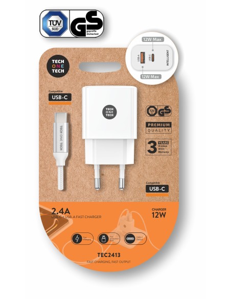 Cargador 12W + Cable USB-C Salida USB-C+USB-A blan