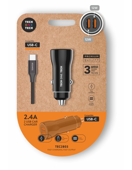 Cargador mechero coche + cable USB-C negro - 12W  