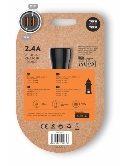Cargador mechero coche + cable USB-C negro - 12W  