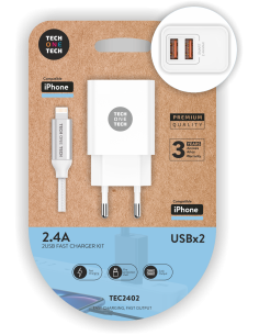 Cargador doble blanco+Cable Nylon Lightn/Apple 2,4