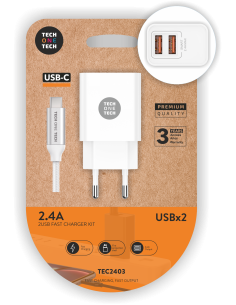 Cargador doble blanco+Cable Nylon USB-C 2,4A