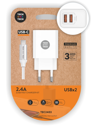 Cargador doble blanco+Cable Nylon USB-C 2,4A