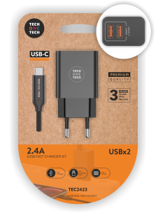 Cargador doble negro+Cable Nylon USB-C 2,4A