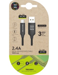 Cable negro Nylon (USB-A a Micro USB) 1M 2,4A