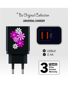 Cargador black flower power, 2x USB, 2,4A 2