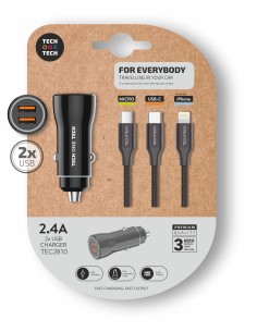 Cargador mechero negro  2xUSB + cable triple nylon