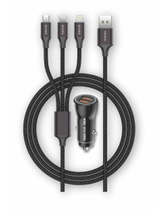 Cargador mechero negro  2xUSB + cable triple nylon 2