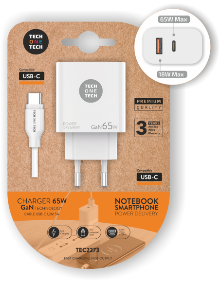Cargador Notebook/móvil 65W GaN PD + Cable 1,5M 5A