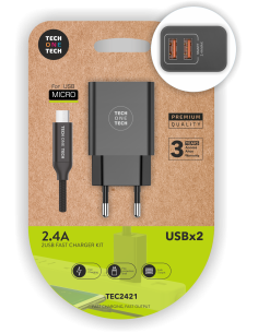 Cargador doble negro+Cable Nylon Micro USB 2,4A