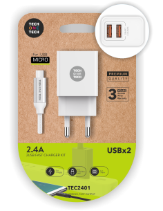 Cargador doble blanco+Cable Nylon Micro USB  2,4A