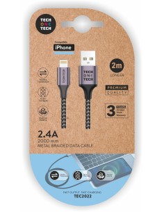 Cable Nylon gris 2m (USB-A a Lightning/Apple) 2,4A